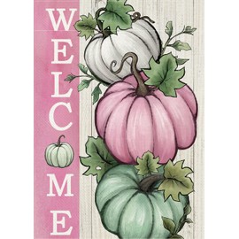 Covido Welcome Fall Pumpkins Decorative Garden Flag, Autumn Pink White Teal Pumpkin Farmhouse Yard Outside Decorations, Thanksgiving Rustic Burlap Outdoor Small Home Decor Double Sided 12 x 18