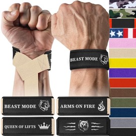 TECEUM Lifting Wrist Straps with Neoprene Padding Support – Beige – Beast Mode – Heavy Duty Wrist Workout Straps For Men and Women – Ideal for Powerlifting, Strength Training, Bodybuilding