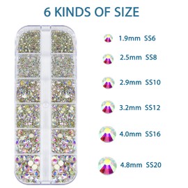 HUETFAT 2400 Pieces Flat Back Gems Round Crystal AB Rhinestones 6 Sizes (1.9-4.5 mm) with Storage Organizer Box Wax Pencil Tweezers for Nail Art Clothes Shoes Bags Crafts DIY （Crystal AB）
