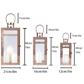 Set of 3 Rose Gold Metal Iron Glass Candle Holders Metal Wind Proof Candle Lanterns for Wedding Decorcolor: Rose gold, size: 21*21*48 16*16*38 12*12*30cm