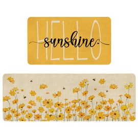 Xsinufn Spring Summer Farmhouse Kitchen Rugs and Mats Set of 2,Yellow Flowers Floral Hello Sunshine Kitchen Mat,Non Slip Washable Kitchen Floor Sink Mats Decorations for Home Kitchen 18"x48"+18"x30"