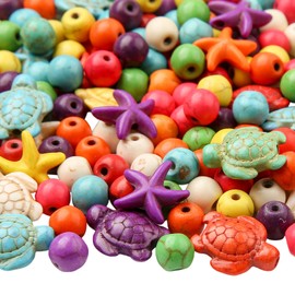 ANCADN 210pcs Turquoise Beads Sea Turtle Beads Floral White Turtle Charms Synthetic Turquoise Beads Starfish Beads for Jewelry Craft Making (Color)