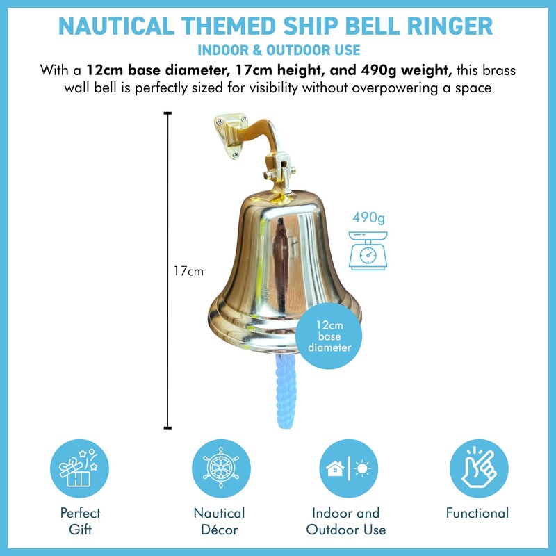 Traditional Brass Wall-Mounted Door Bell, 17cm Nautical Ship Bell Ringer