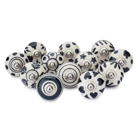 Ajuny Set of 12 Black and White Ceramic Knobs Handpainted Floral Design for Kitchen Cabinets Bathroom Cupboards Dresser Drawers Chest Handmade Pottery Handles Pull Decorative Knobs