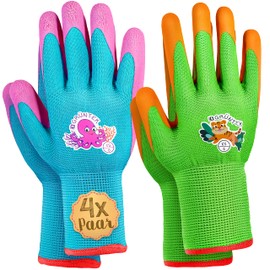 GRÜNTEK Kids' Gardening Gloves XS (Size 6), 4-Pair Set - Safety-Certified, Non-Slip Latex, BPA-Free, Flexible & Breathable, EN 420 & EN 388 Compliant