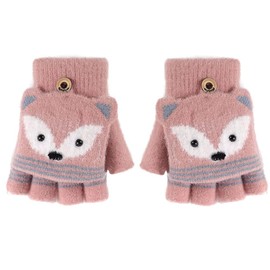 Cute Kids Gloves,Convertible Flap Fingerless Gloves for Baby Boy Girl with Mittens Cover Cap Age 5-10