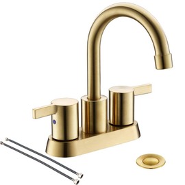 Phiestina 4 Inch 2 Handle Deck Mount Bathroom Faucet with Copper Pop Up Drain and 2 Water Supply Lines, Brushed Finish, BF015-1-MB+BF015-1-BG
