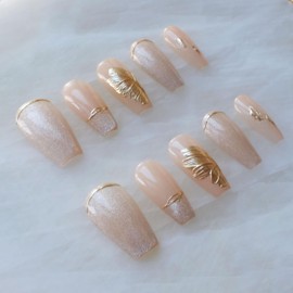 [GLORS] Purly Handmade Long Ballerina Press on Nails | Flower Dance - Artistic Fake False Coffin Pink Nails with Cat-eye and Icy Sheer Nude Color |Salon Quality in Long Ballerina (M,LB)