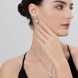 Pearl Diamond Stud Earrings Pearl Dangle Earrings for Women Sterling Silver Pearl Earrings Gray Silver Pearl Stud Earring 12mm Cubic Zirconia Pearl Wedding Earring Jewelry ZDaoBen