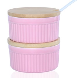 YAZYLIFE Salt and Pepper Bowls, 8OZ Ceramic Spice Cellars with Lid and Spoon For Kitchen, Condiment dispensers,Stacking Container for Salt, Pepper,Sugar, Spice, Set 0f 2. (Pink)