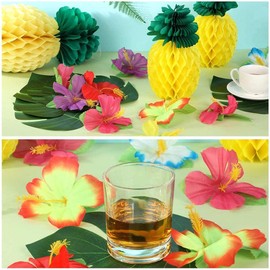 55 Piezas de Decoración Tropical Hawaiana para Fiesta Faldones de Mesa Falda de Mesa Hawaiana para Fiestas con Hojas de Palma Flores Luau Piña de Seda para Decoración de Fiesta Temática isl (Verde)