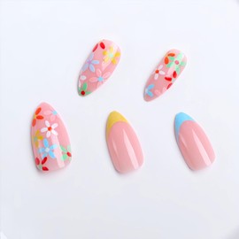 BFY Flower Press on Nails Medium Almond Fake Nails, Colorful Flowers French Acrylic Nails Tip, Spring Summer Nude Glossy Gel False Nails Kits Natural Fit Stick on Nails Glue 24Pcs