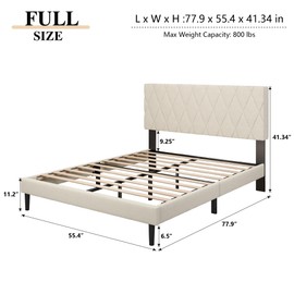 CXVX Full Size Bed Frame with Diamond Tufted Headboard, Velvet Upholstered Platform Bed and Wooden Slat Support, Noise-Free, No Box Spring Needed, Easy Assembly, Beige