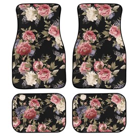 Dark Vintage Floral Flowers Print Car Floor Mats Set of 4,Seamless Floral Pattern with Peonies Watercolor Vehicle Front Rear Carpets Mats Universal Car Floor Rugs Car Accessories for Van Truck