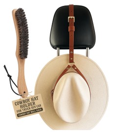 Cowboy Hat Rack for Pickup Truck & Car – Genuine Buffalo Leather Strap & Hanger with Soft Bristle Brush – Wall, Closet or Cabinet Mount – Keeps Cowboy Hat Shape – Premium Hat Holder & Organizer