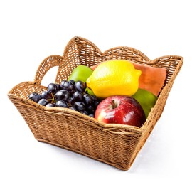 Goraffia Scalloped Wicker Basket with Handles – 11.5"x11.5"x6" Handwoven Rattan Decorative Storage Bin for Bedroom, Bathroom & Home Use (Honey)