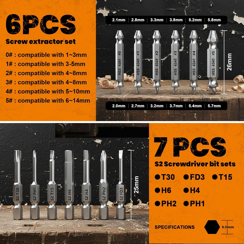 Damaged Screw Extractor Set,13 Pcs Bolt Extractor Set, Stripped Screws