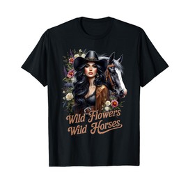 Sunset Cowgirl Riding Horse Retro Wild Flowers Wild Horses T-Shirt