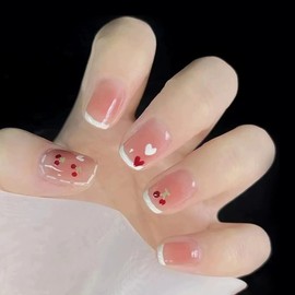 24pcs Short Square Press on Nails French Tip False Nails Nude Pink Ombre Fake Nails White Heart Red Cherry Stick on Nails Removable Glue-on Acrylic Nail Tips Spring Summer Accessories for Women