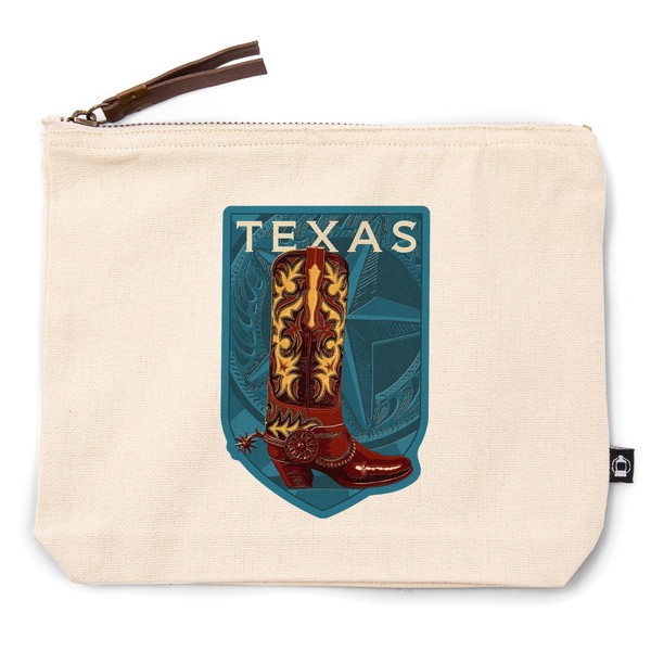 Texas, Boot Letterpress, 100% Cotton Zipper Pouch, Travel Accessory, Go