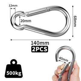 jwtyu 12x140mm Groß Karabinerhaken Edelstahl 2 Stück Edelstahl Karabiner Tragfähigkeit 500kg für Swing Lanyard DIY Zubehör Pulley Boot Camping Reisen Angeln