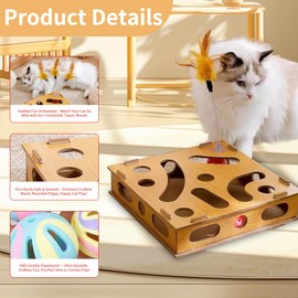 Interactive Wooden Cat Toy Box with Balls & Teaser Wand - Stimulating Indoor Puzzle Maze for Cats, Encourages Hunting & Play, Durable Wood Design for Indoor Cats