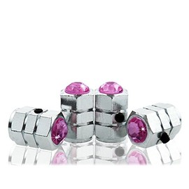 Bling Anti-Theft Locking Pink Crystal Diamond Rhinestone Metal Chrome Tire Rim Valve Stem Cap-VC-PKC