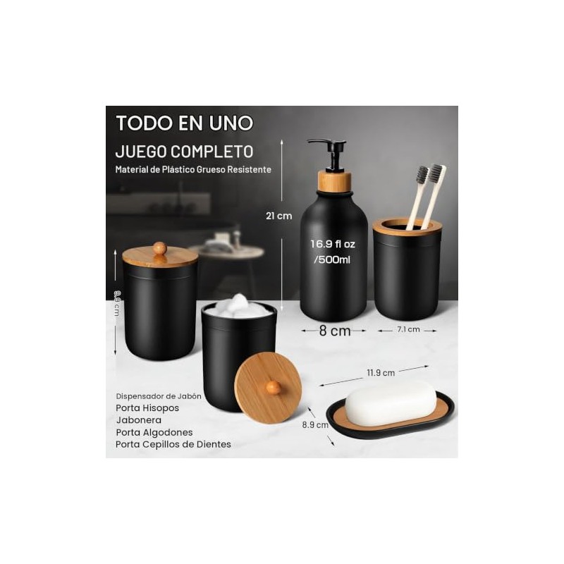 Juego de 5 accesorios de baño negros mate, dispensador de