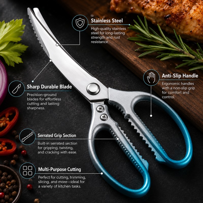 Stainless Steel Kitchen Scissors for Food Prep – Heavy-Duty Poultry