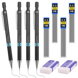Tikplus Mechanical Pencil 0.5, 4 Pieces Mechanical Pencil Set with 4 Tubes (48 Pieces) Pencil Lead HB Lead Pencil 2 Pieces Eraser Mechanical Pencil for Drawing Writing