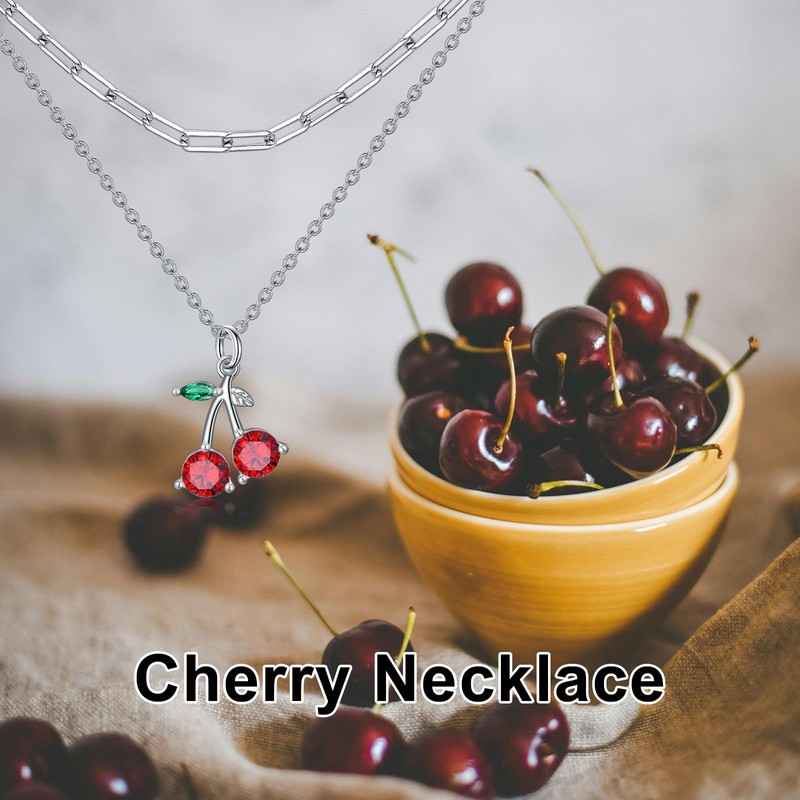 MONGAS Cherry Necklace 925 Sterling Silver Red Fruit Paperclip Necklace