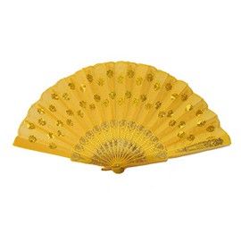 Feng Shui Import Colorful Peacock Pattern Sequin Fabric Hand Fan (Yellow)