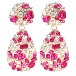 BaubleStar Rhinestone Teardrop Dangle Earrings with Round Studs Hot Pink Crystal Water Drop Statement Earrings Wedding Gift Jewelry for Women