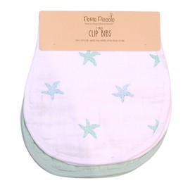 Petite Piccolo Clip Bibs, Baby Bibs, 2 Pack, Drool Bibs, 100% Cotton, for Baby, Soft and Absorbent, 51 x 25cm - Starfish Design
