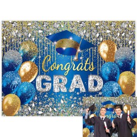 Allenjoy 82" x 59" Blue and Gold Graduation Backdrop for Photography Congrats Grad Class of 2025 Prom Party Supplies Photo Studio Banner Background