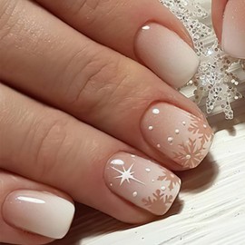 Mkwntg Christmas Press on Nails Short square Fake Nails with White Snowflake Designs Glossy Gradient Winter Xmas Acrylic Nails Nude White Ombre Full Cover False Nails for Women Girls Manicure 24Pcs