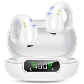 Open Ear Clip on Headphones, Wireless Earbuds Bluetooth 5.3 Sport Earphones Built-in Mic with Ear Hooks 36H Playtime Ear Buds LED Display Charging Case, Waterproof Design for Running Fitness, White
