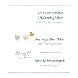 Mary & Jules Pearl Earrings Gold 925 Sterling Silver, Gold-Plated, Earrings Gold Ladies with Freshwater Pearls, Stud Earrings Gold for Women and Girls, Pearl Earrings Studs, Sterling Silver