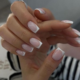 24PCS French Press on Nails Short,Square False Nails with Elegant White Edge,Full Cover Nude White Stick On Nails,French Fake Nails with Glue Removable Nail Art Gifts for Women and Girls