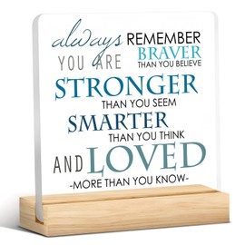 Always Remember You Are Braver Than You Think Desk Sign - Clear Acrylic Plaque with Wooden Stand, Inspirational Quotes for Women, Best Friend, Positive Office Décor, Motivational Birthday Gifts
