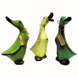 homestyles Green Blue White Wooden Vintage Hand Crafted 8'h Baby Duck 3 Piece Teak Root Figurine Set with Whimsical Name Tags