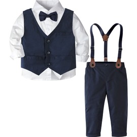 A&J DESIGN Toddler Suits for Boys Baby Wedding Birthday Easter Outfit Formal Dresswear Kids Gentleman Suspender Clothes, Navy, 2-3 Years