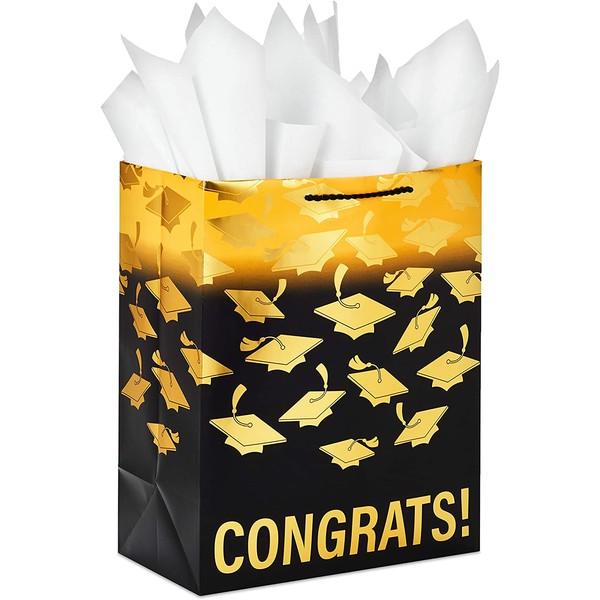 Hallmark 13" Large Graduation Gift Bag with Tissue Paper (Gold and Black, "Congrats!") for High School, College, Kindergarten, 8th Grade and More