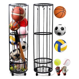 FiloxeniaOasis Ball Storage Rack, 3 Layer Vertical Basketball Rack, Sports Equipment Storage, Ball Rack with Basket, Garage Ball Storage, Wall-Mounted Ball Organizer for Indoor/Outdoor/Home/Garage
