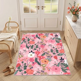 WQMMD Washable Area Rug 60x90cm Pink Floral Pattern Short Pile Non-Slip Carpet,Pink Flower Design, Small Rugs for Bedrooms for Front Door Entryway Hallway Bedroom Welcome Mat kitchen