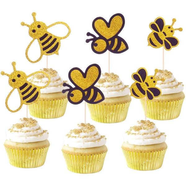 Paquete de 30 decoraciones para cupcakes con purpurina de abejorro, revelación de género de abejorro, baby shower, fiesta de cumpleaños, suministros de decoración de pasteles