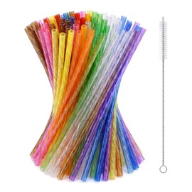 Reusable Drinking Straws 100 Pack, Assorted Color Plastic Straws, 9 Inch, Easy Clean with Brush, Durable & Dishwasher Safe for Cold Drinks & Kids
