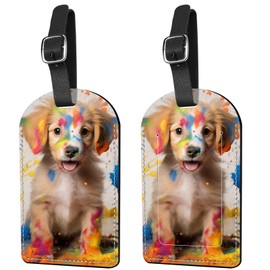 Deokke 2 Pack Luggage Tag Suitcase Tags PU Leather Identifiers Privacy Cover Luggage Tags Aesthetic Cute Travel Bag Labels for Women Girls Men-Dog