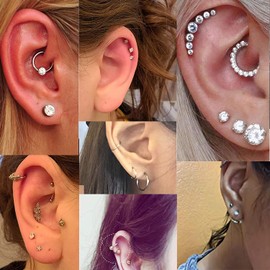 MILACOLATO 25Pcs Cartilage Helix Earrings Hoop Studs for Women Silver 16-20G Stainless Steel Tragus Conch Daith Piercing CZ Labret Flat Ball Back Earrings Mutiple Piercings