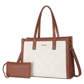 MOSISO Laptop Tote Bag, 15.6 inch PU Leather Women Rhombus Quilted Handbag & Clutch Purse, Waterproof Computer Bag Work Briefcase for Business Office, Brown